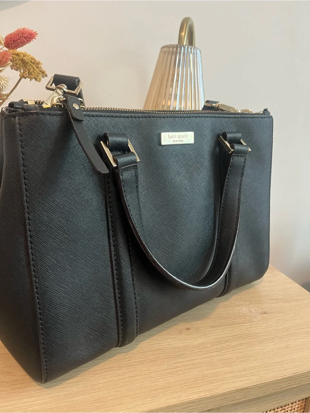 kate spade Black Structured Saffiano Satchel with Gold Hardware